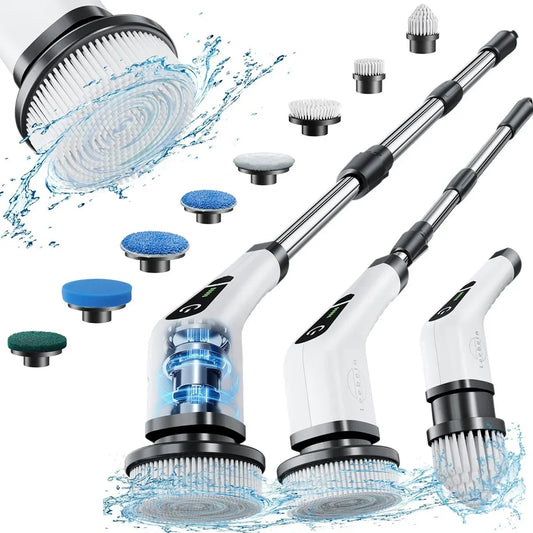 Cordless electric scrubber with interchangeable brushes and water spray for deep cleaning tasks