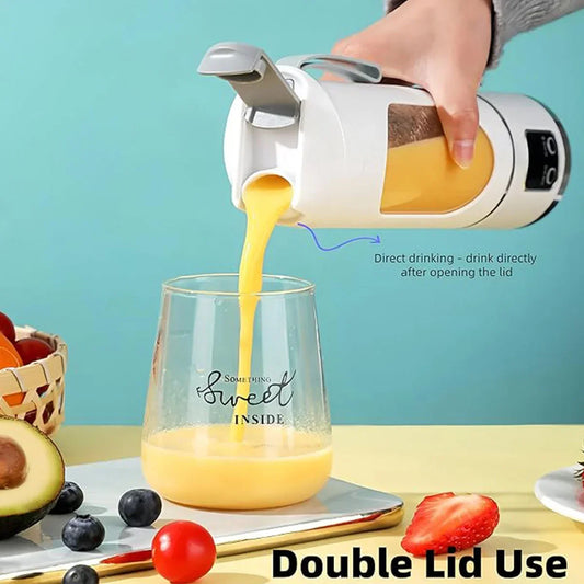 Portable blender pouring smoothie into glass with fruits, double lid use feature