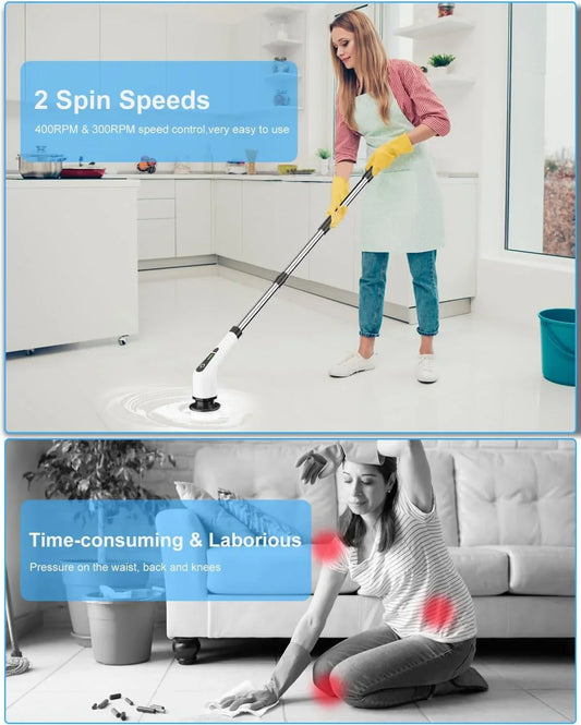 Woman using spin mop with 2 speed settings for easy floor cleaning in modern kitchen