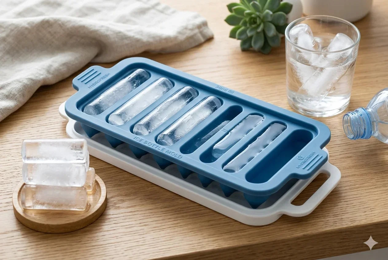 Blue ice bottle mold with frozen cubes, glass of water, and succulent on wooden table