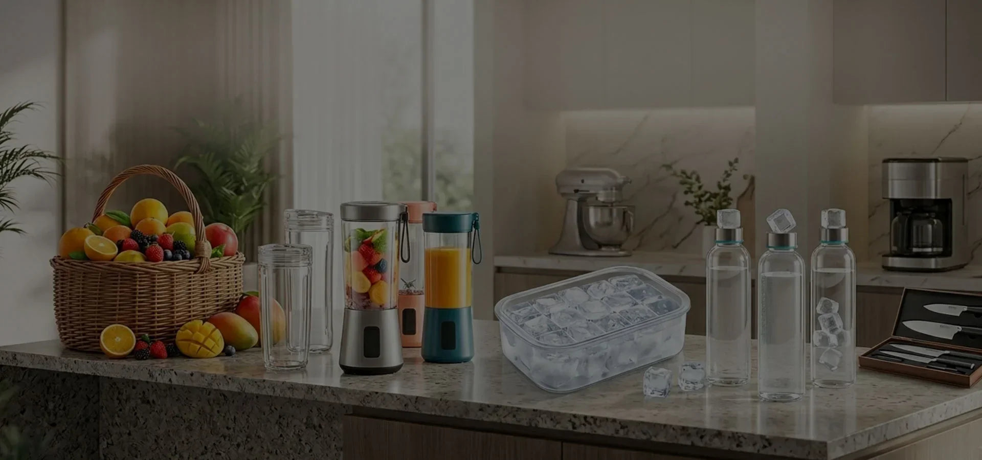 Kitchen countertop with portable blenders, fruit basket, ice cubes, water bottles, and kitchen tools for healthy living