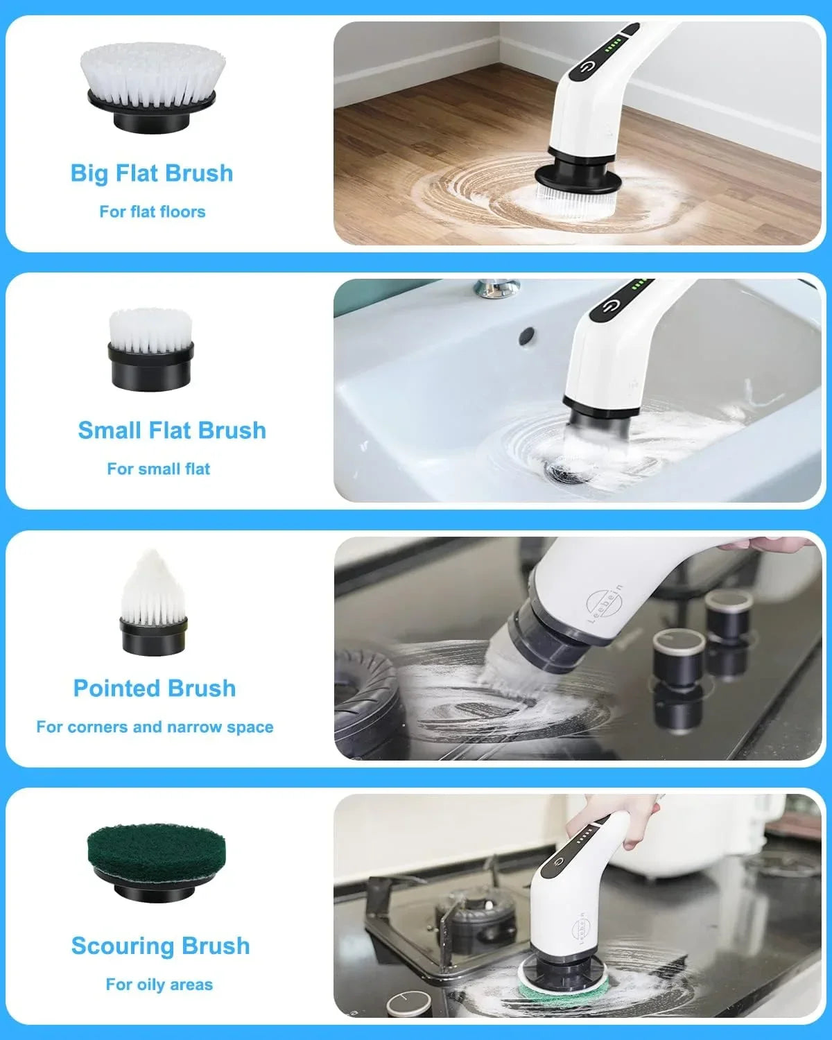 Electric cleaning brush set with flat, pointed, and scouring attachments for floors, sinks, and oily surfaces