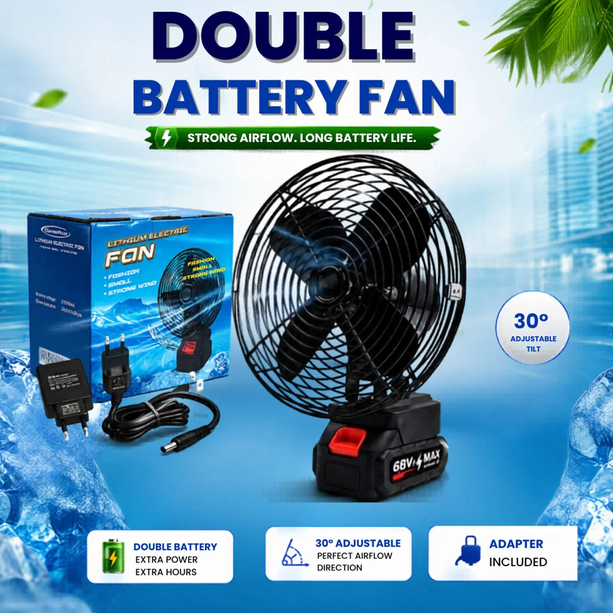 Portable lithium electric fan 68V for powerful cordless cooling at home and outdoors