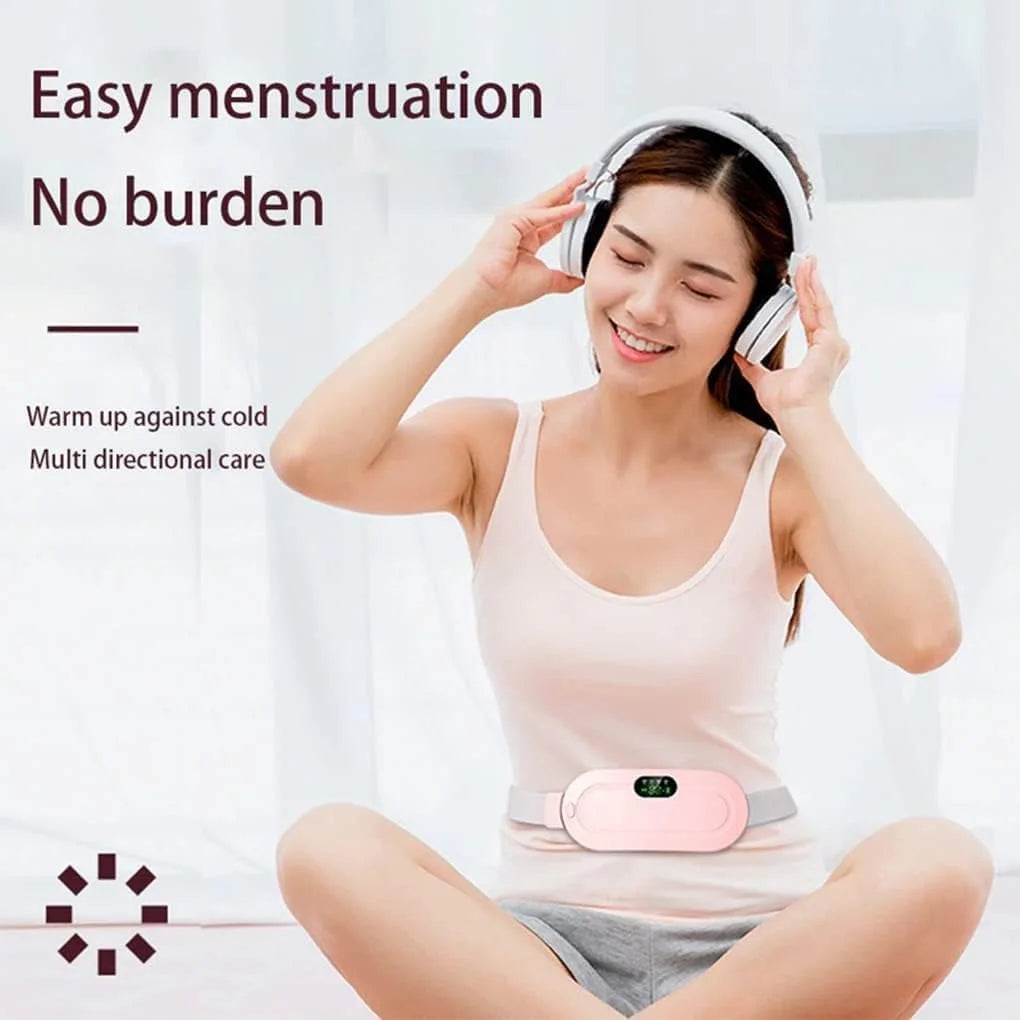 Portable period pain relief belt with adjustable heating for convenient use