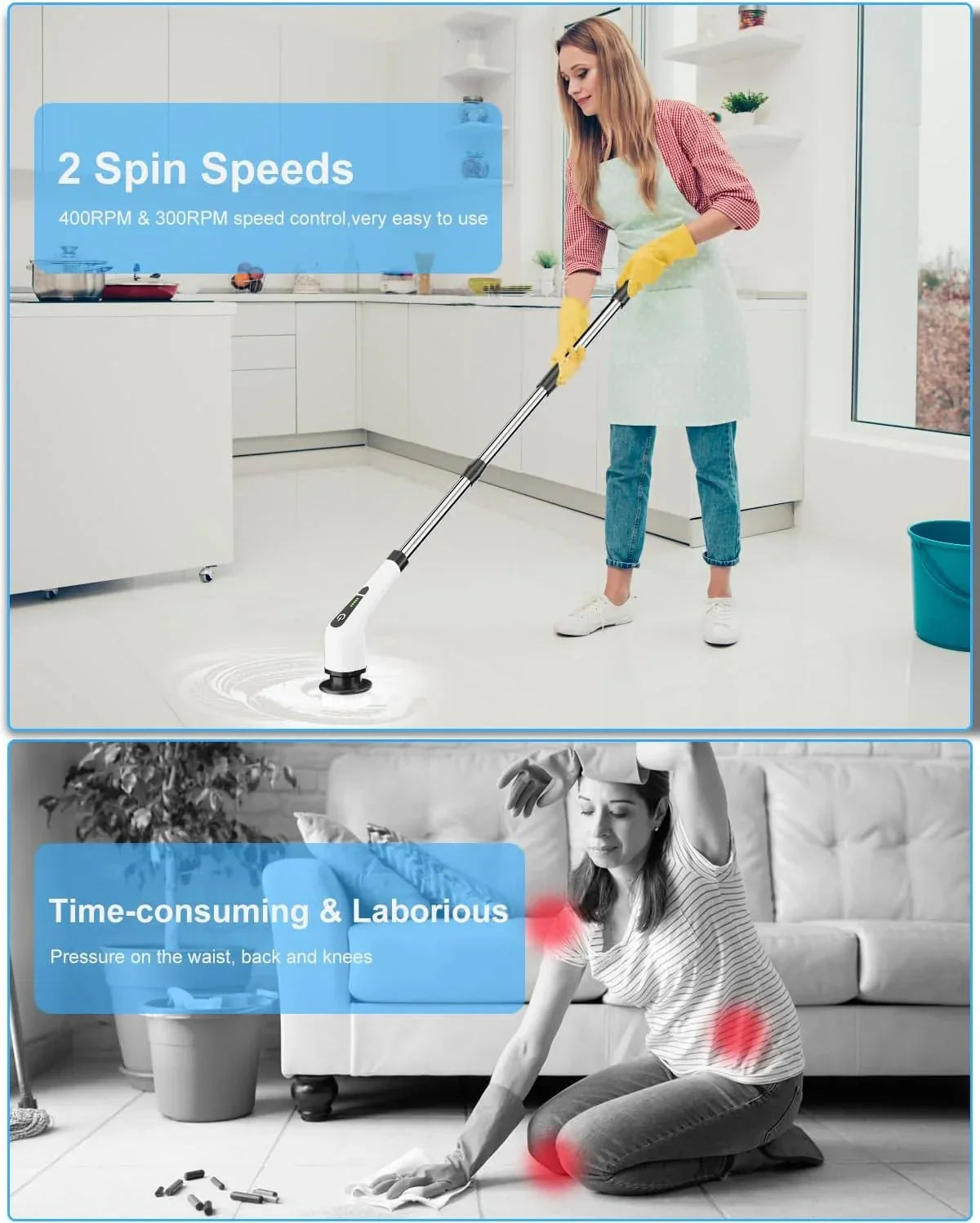 Woman using spin mop with 2 speed settings for easy floor cleaning in modern kitchen