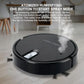Black robotic vacuum with atomized humidifying spray, emitting mist for room humidity control