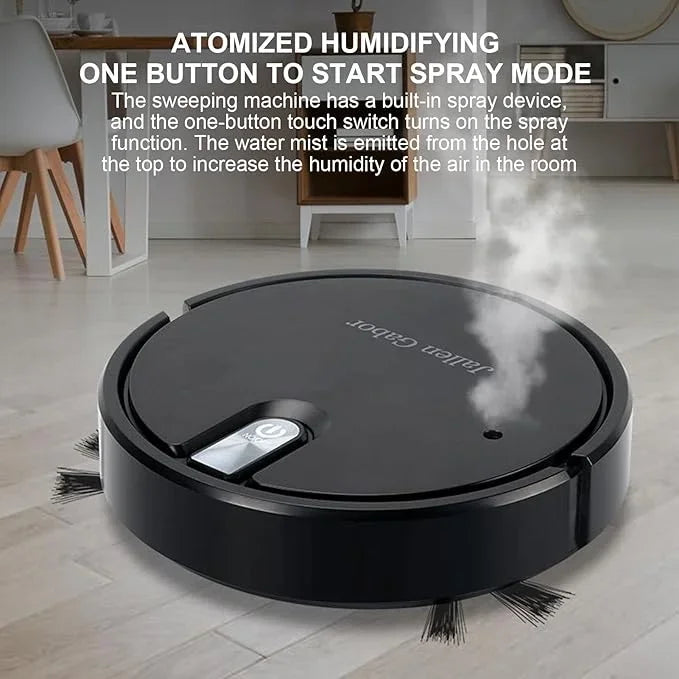 Black robotic vacuum with atomized humidifying spray, emitting mist for room humidity control