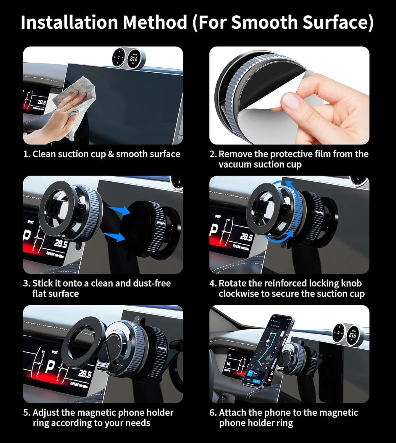 Vacuum suction phone holder for car dashboard and windshield mounting